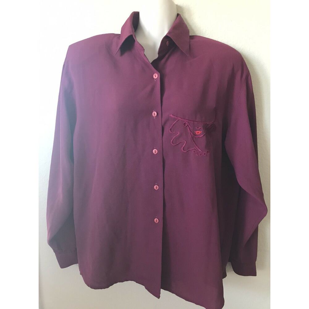 Missonei Wine Embroidered Glamour Girl Lip Collared Long Sleeve Women’s Blouse M
